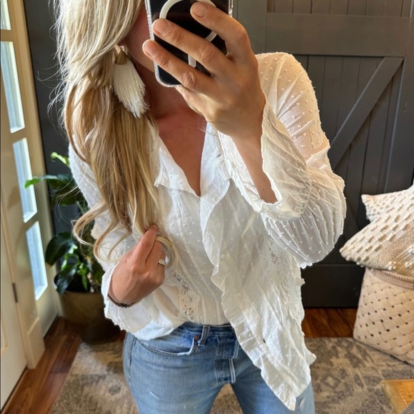 New Swiss Dot Cotton Lace Long Sleeve Button Front Romantic Blouse Top Shirt - Picture 2 of 7